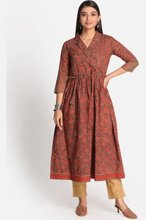EarthWear Women Rust Floral Printed Thread Work Floral Pure Cotton Kurta