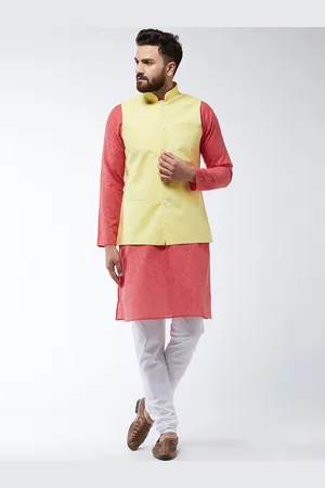 SOJANYA Men Red & Yellow Solid Kurta And Churidar With Jacket
