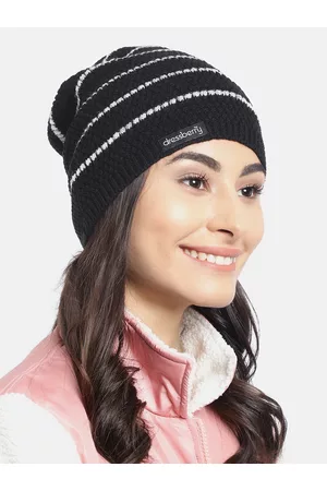 DressBerry Women Black & White Striped Acrylic Beanie