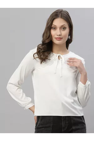 KASSUALLY WOMEN White Tie-Up Neck Crepe Top
