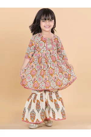 ADIVA Girls White Printed Gotta Patti Pure Cotton Kurti with Sharara