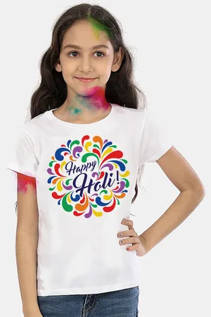 BONKIDS Girls White Happy Holi Printed Cotton T-shirt