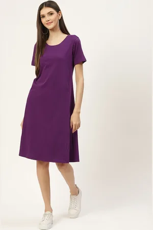 BRINN Purple Solid Pure Cotton A-Line Midi Dress