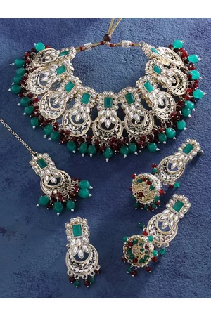 Zaveri Pearls Gold-Plated Green & Maroon Kundan Beaded Bridal Jewellery Set