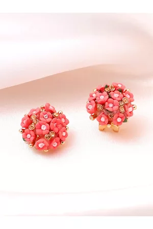 Yellow Chimes Women Gold-Plated & Peach-Colored Floral Studs Earrings