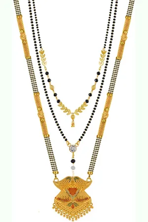 Brandsoon Set Of 3 Gold-Plated & Black Beaded Mangalsutra