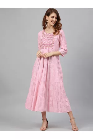 Juniper Women Pink & White Zari Embroidered Printed Tie-Up Tiered Maxi Dress