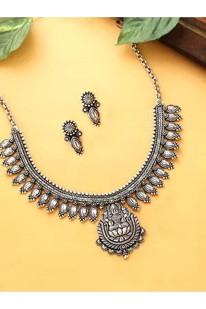 Yellow Chimes Woman Silver Oxidised Kolhapuri Work Handmade Temple Choker Necklace Sets