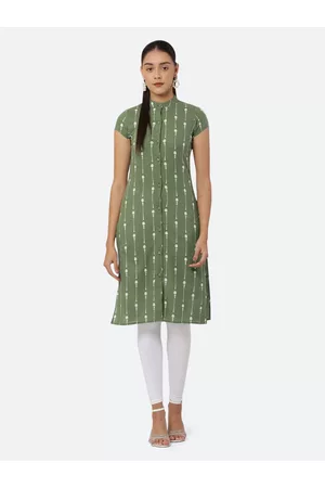 See Designs Women Green & White Pure Cotton Khari Print Straight Kurta