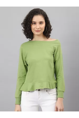 DEEBACO Women Olive Green One-Shoulder Sweatshirt