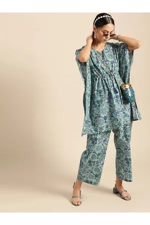 Varanga Women Green & Blue Pure Cotton Printed Tunic with Palazzos