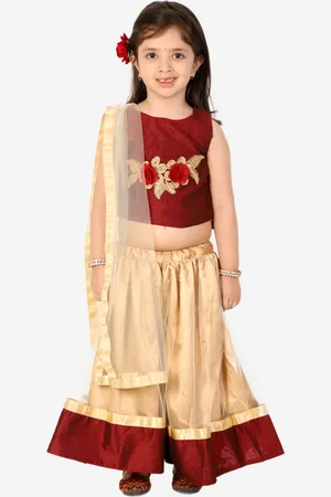 Superminis Girls Maroon & Beige Embroidered Ready to Wear Lehenga & Blouse With Dupatta