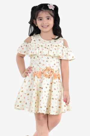 naughty ninos Girls Off White & Pink Printed Belted Pure Cotton Dress