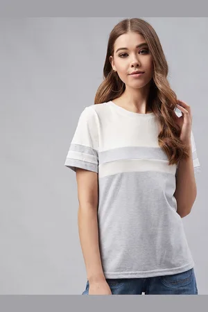 Rare Fashion Women Grey & White Colourblocked Round Neck T-shirt