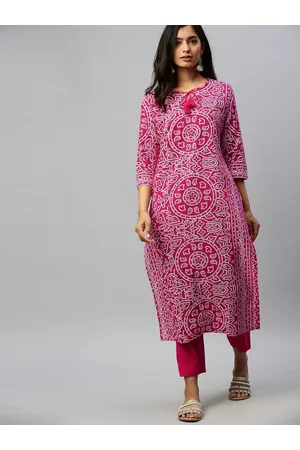 Ishin Women Pink & White Bandhani Printed Kurta with Trousers