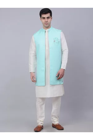 Jompers Men Turquoise Blue Solid Kurta with Churidar with Waistcoat