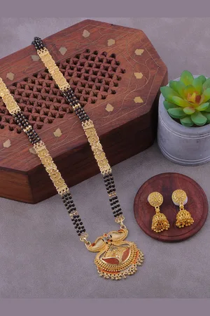 Brandsoon Women Gold-Plated Black Beaded Mangalsutra With Earring