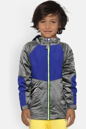 Cherry Crumble Kids Charcoal Grey & Blue Colourblocked Lightweight Hooded Tailored Jacket