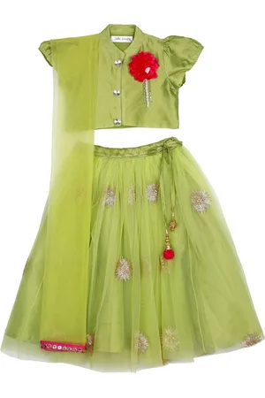SAKA DESIGNS Girls Green & Pink Embellished Ready To Wear Lehenga Blouse & Dupatta