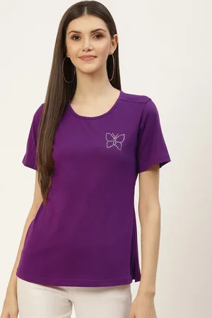 BRINN Women Purple Embellished Pure Cotton T-shirt
