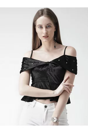 KASSUALLY Women Black Solid Bardot Top with Embellished Detail