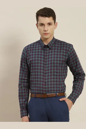 HANCOCK Men Navy Blue & Green Slim Fit Tartan Checked Cotton Formal Shirt