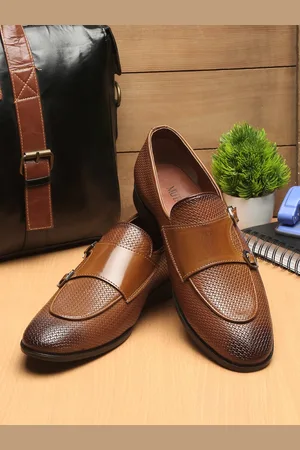 MUTAQINOTI Men Tan Brown Textured Leather Monk Shoes