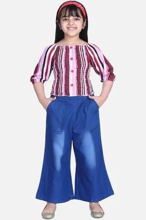 StyleStone Girls Purple & Blue Striped Cotton Smocked Top with Denim Culottes