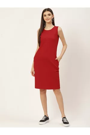 BRINN Red Solid Pure Cotton A-Line Midi Dress