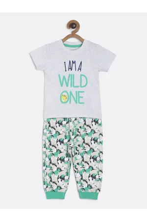 MINI KLUB Boys Grey Melange & Green Printed T-shirt with Pyjamas
