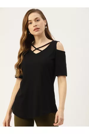 BRINN Women Black Cotton Solid Cold-Shoulder Sleeves Top