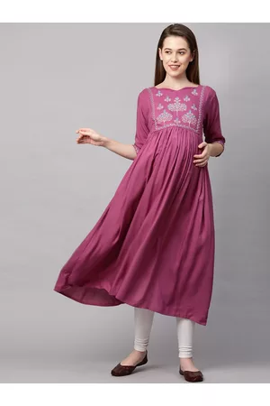 MomToBe Women Purple Floral Yoke Design Thread Work Maternity Nursing Anarkali Sustainable Kurta