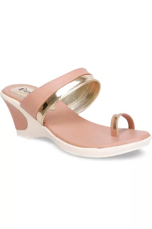 Denill Women Peach & Gold-Toned Colourblocked Wedge Sandals