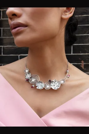 SHAYA Women Silver-Toned Artificial Stone Studded Oxidized Statement Necklace