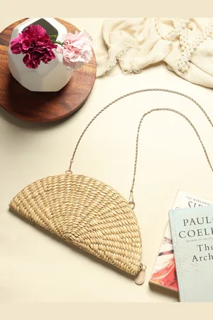 HABERE INDIA Beige Textured Half Moon Sling Bag