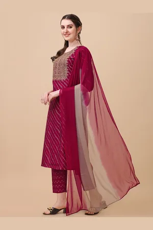 Berrylicious Women Pink Leheriya Embroidered Chanderi Cotton Kurta with Trousers & Dupatta