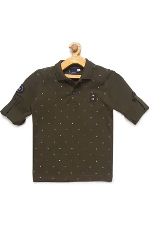 CAVIO Boys Green Printed Polo Collar Roll-Up Sleeves T-shirt