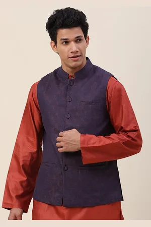 Fabindia Men Purple Woven-Design Linen Nehru Jacket