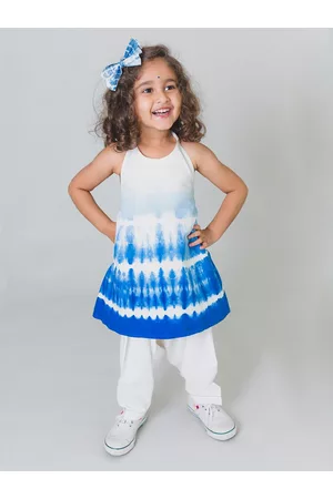 Tiber Taber Girls Off-White & Blue Tie & Dye Kurta with Trousers