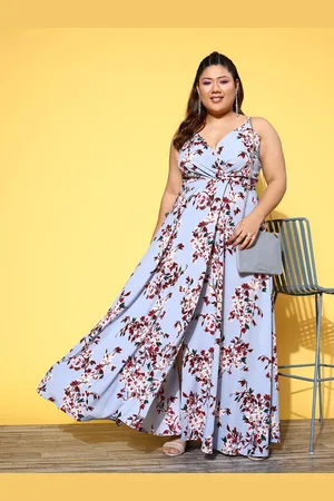 Berrylush Plus Size Blue Floral Crepe Fit & Flare Maxi Dress