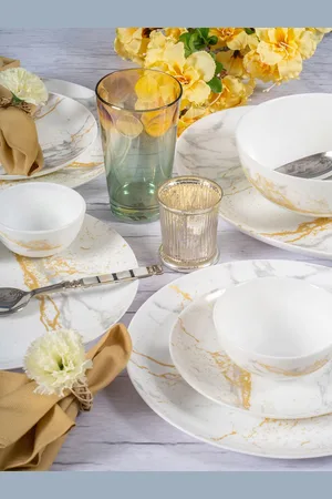Cello White & Yellow 27 Pieces Printed Opalware Glossy Dinner Set