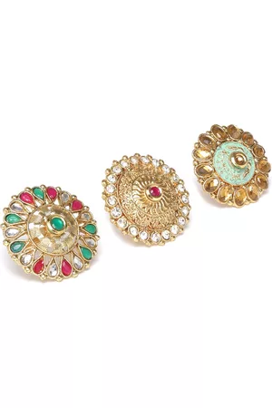 Zaveri Pearls Women Set of 3 Gold-Plated Stone-Studded Adjustable Finger Rings