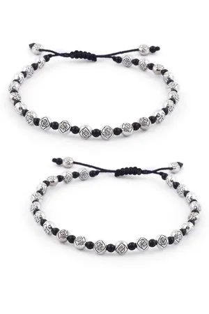 EL REGALO Set Of 2 Silver-Toned & Black Beaded Anklet