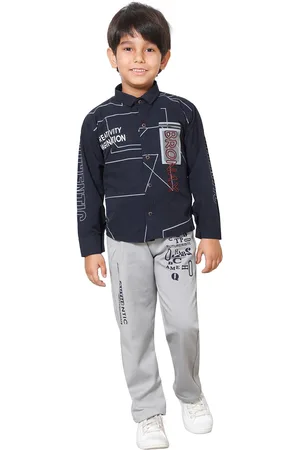 DKGF FASHION Boys Navy Blue & Grey Printed Shirt & Trousers