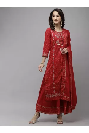 Ishin Women Red Bandhani Embroidered Regular Gotta Patti Pure Cotton Kurta with Sharara & With Dupatta