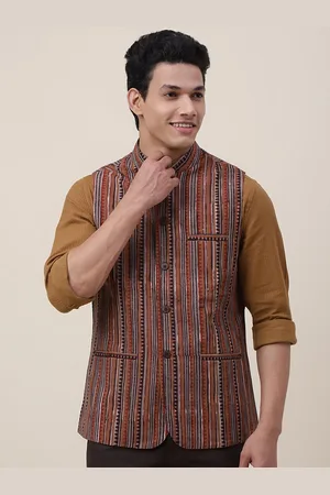 Fabindia Men Brown Woven-Design Cotton Nehru Jacket