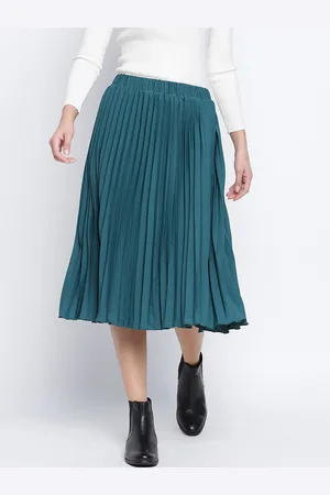 Oxolloxo Women Teal Green Coloured Solid Midi-Length Accordion Pleated Skirt