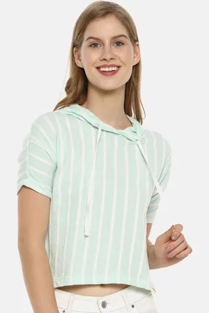 Campus Sea Green & White Striped Mandarin Collar Crop Top