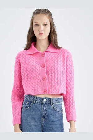 DeFacto Women Pink Cable Knit Crop Cardigan