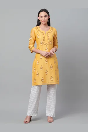 akheri Women Yellow & Brown Chikankari Embroidered Straight Kurta